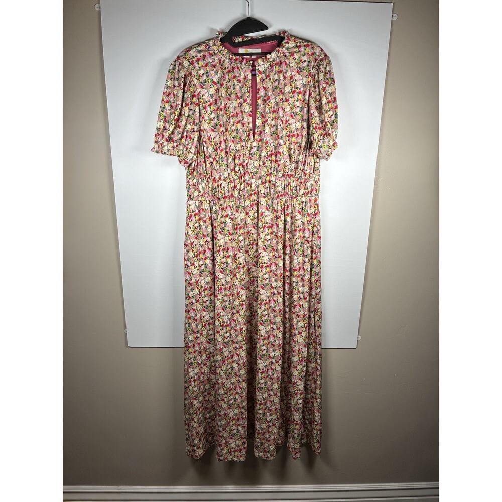 Boden Womens 10R Pink Floral Maxi Dress Puff Sleeve Smocked Waist Pockets Boho